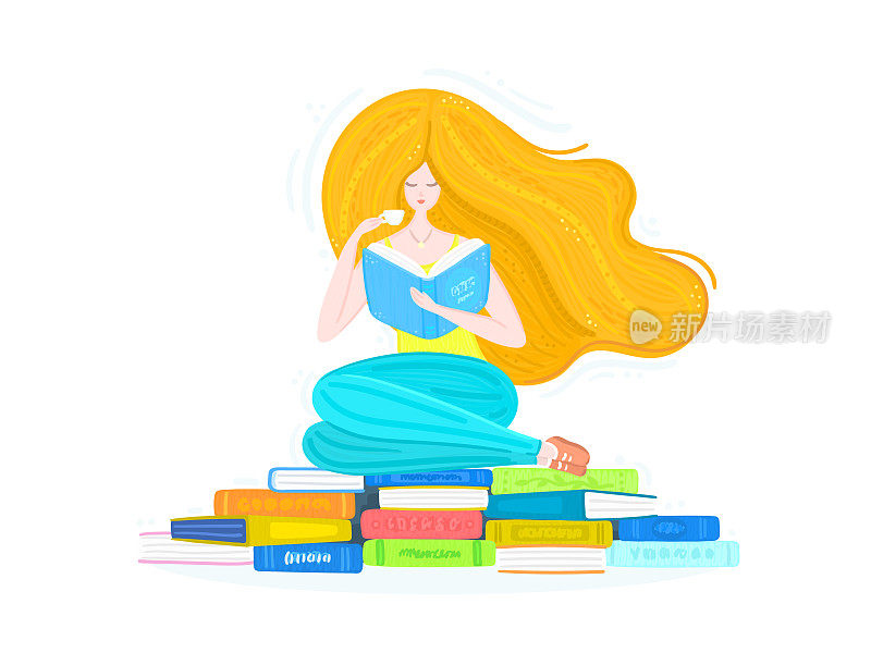 Redheaded girl with pile of books and cup of tea. Bookworm. Reading. Woman is sitting on book stacks